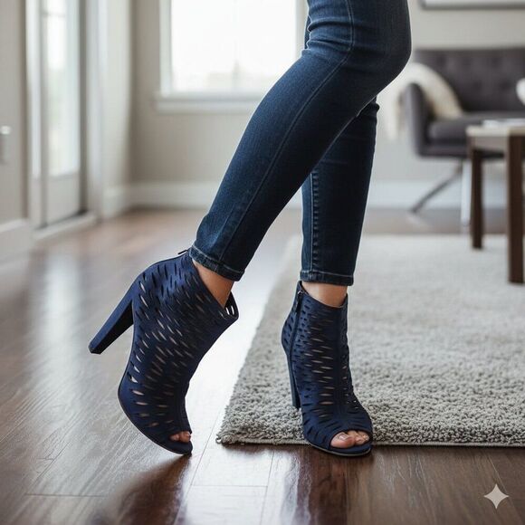 Diane Von Furstenberg Navy Peep-Toe Heels 8.5 - Picture 1 of 9